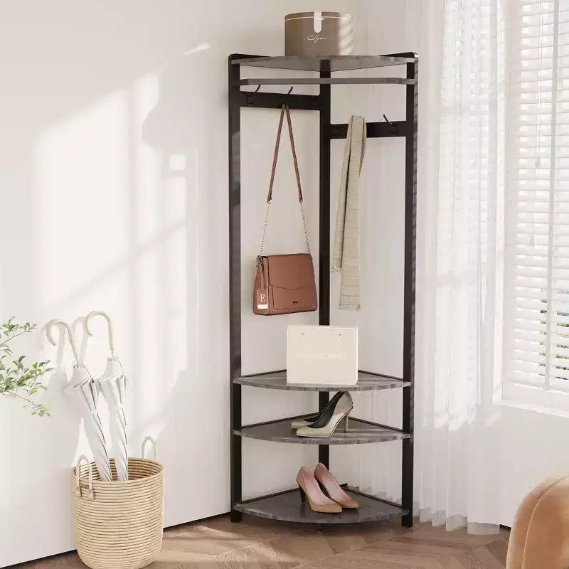 Appendiabiti ad angolo con scarpiera per ingresso - Attaccapanni con 6 doppi ganci, Stand appendiabiti con contenitore, Mensola organizer per corridoio, armadio