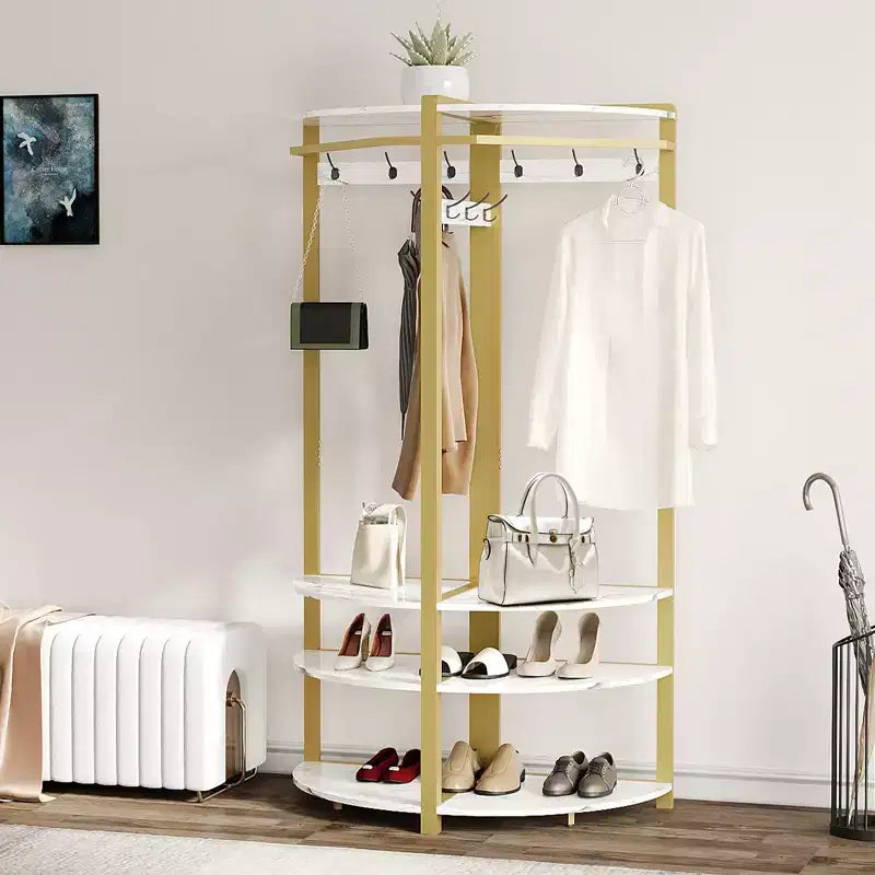 Appendiabiti ad angolo con scarpiera per ingresso - Attaccapanni con 6 doppi ganci, Stand appendiabiti con contenitore, Mensola organizer per corridoio, armadio