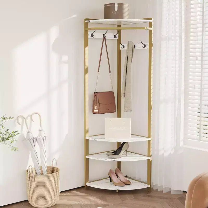 Appendiabiti ad angolo con scarpiera per ingresso - Attaccapanni con 6 doppi ganci, Stand appendiabiti con contenitore, Mensola organizer per corridoio, armadio
