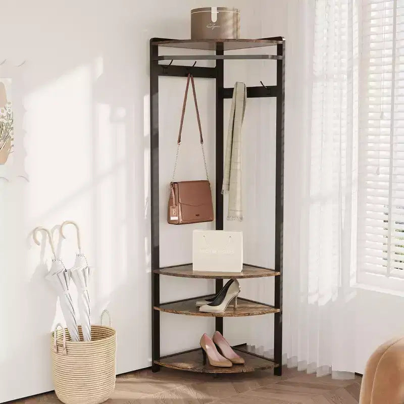 Appendiabiti ad angolo con scarpiera per ingresso - Attaccapanni con 6 doppi ganci, Stand appendiabiti con contenitore, Mensola organizer per corridoio, armadio