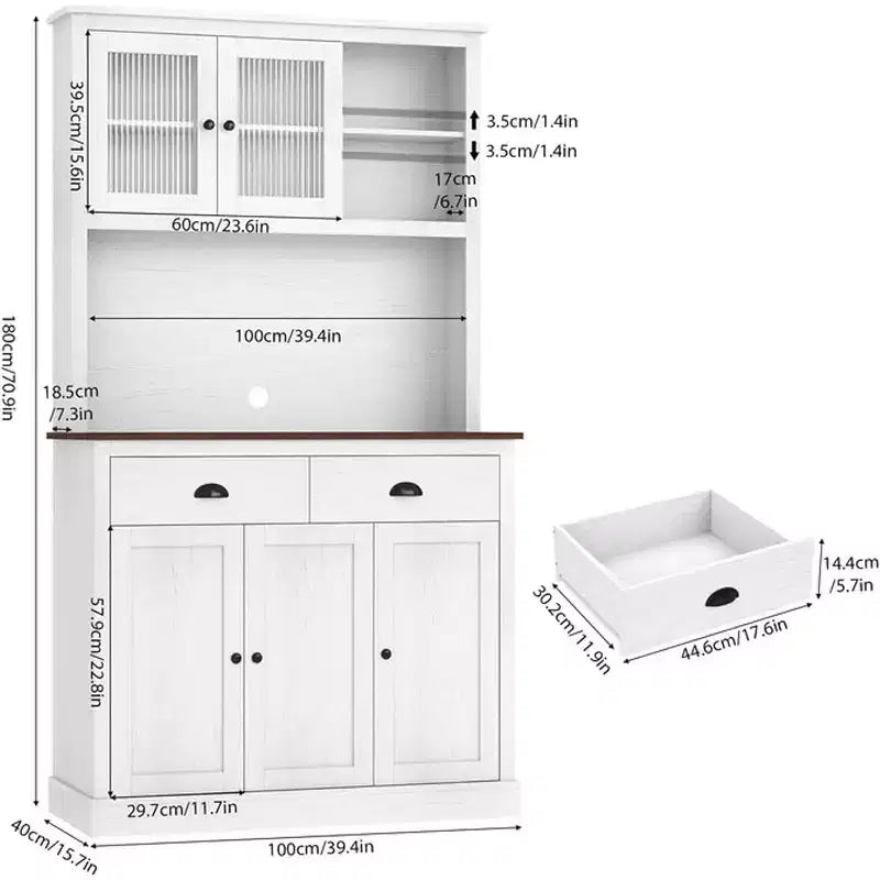 Dispensa con cassetti e ripiani regolabili, Mobile da cucina indipendente alto 180 cm con supporto per microonde, Mobile a credenza