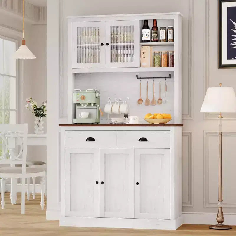 Dispensa con cassetti e ripiani regolabili, Mobile da cucina indipendente alto 180 cm con supporto per microonde, Mobile a credenza