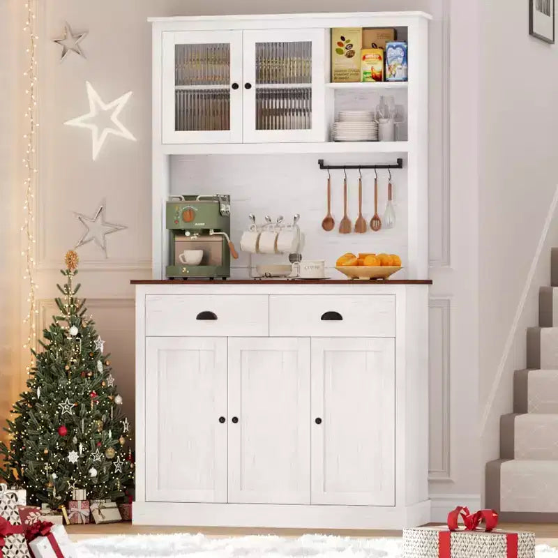 Dispensa con cassetti e ripiani regolabili, Mobile da cucina indipendente alto 180 cm con supporto per microonde, Mobile a credenza