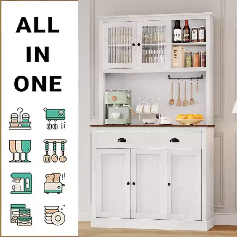 Dispensa con cassetti e ripiani regolabili, Mobile da cucina indipendente alto 180 cm con supporto per microonde, Mobile a credenza