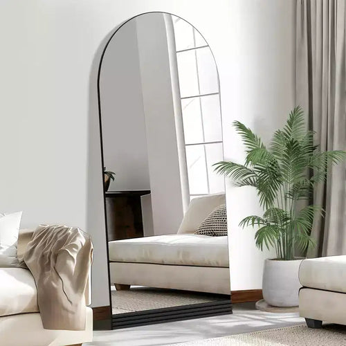 PexFix Specchio da parete a figura intera da 31 pollici L x 71 pollici A con cornice in legno ad arco e base in legno a righe, colore nero