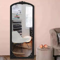 PexFix 30 in. W x 69 in. H Rustic Arched Solid Wood Framed DIY Carved Full Length Mirror in Black