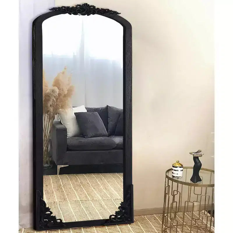 Specchio a figura intera PexFix da 30 pollici L x 69 pollici A, rustico ad arco, con cornice in legno massello, intagliato fai da te, colore nero