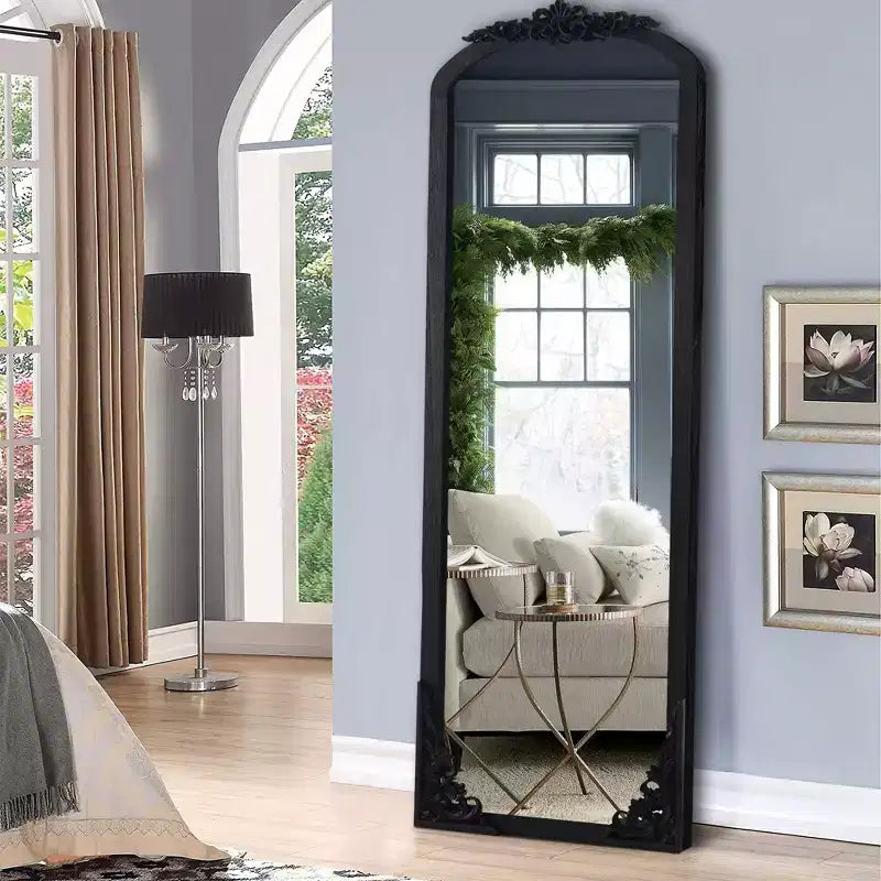 Specchio a figura intera PexFix da 30 pollici L x 69 pollici A, rustico ad arco, con cornice in legno massello, intagliato fai da te, colore nero