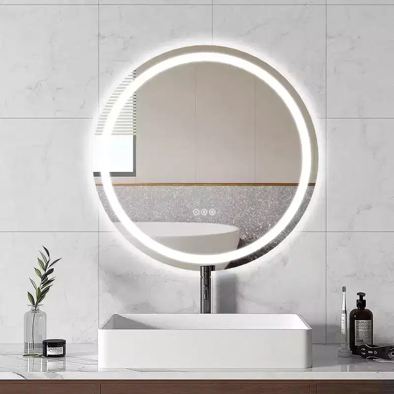 Maxax Specchio rotondo da bagno moderno senza cornice con LED, antiappannamento, luci dimmerabili e a prova di frantumazione