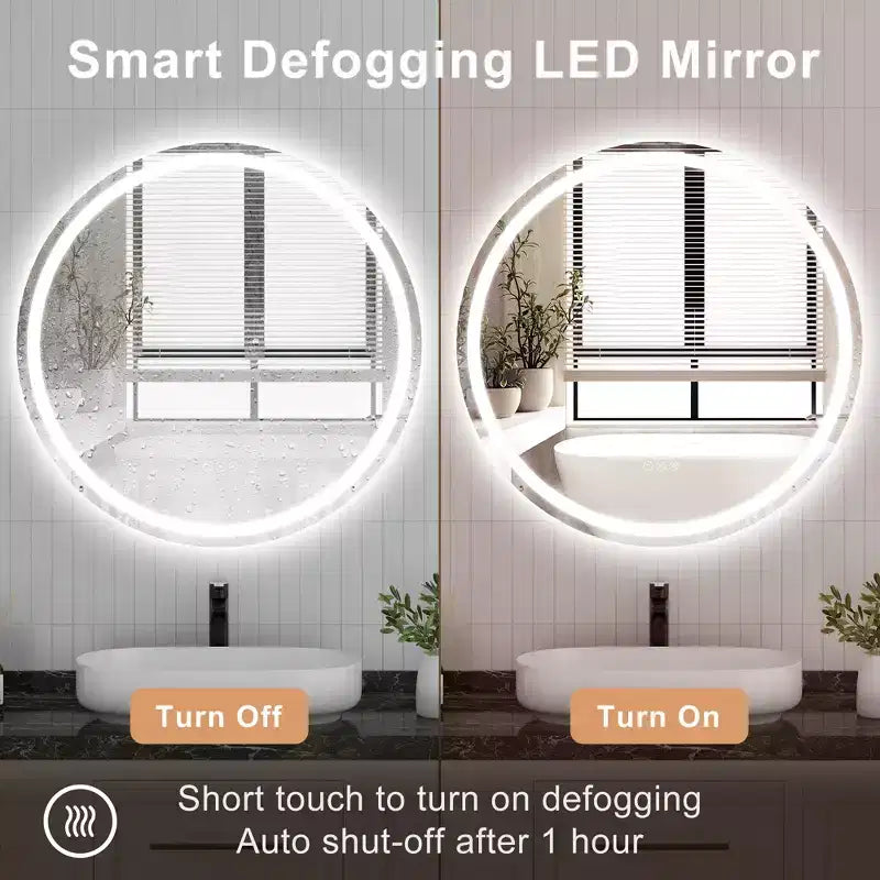 Maxax Specchio rotondo da bagno moderno senza cornice con LED, antiappannamento, luci dimmerabili e a prova di frantumazione