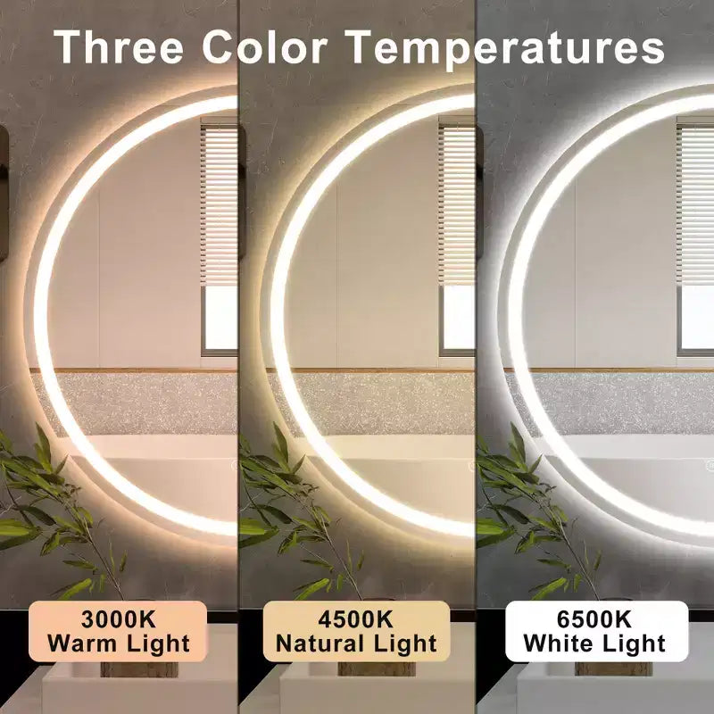 Maxax Specchio rotondo da bagno moderno senza cornice con LED, antiappannamento, luci dimmerabili e a prova di frantumazione