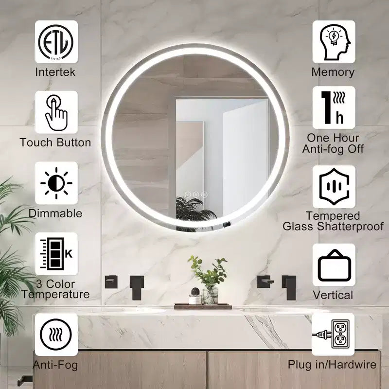 Maxax Specchio rotondo da bagno moderno senza cornice con LED, antiappannamento, luci dimmerabili e a prova di frantumazione