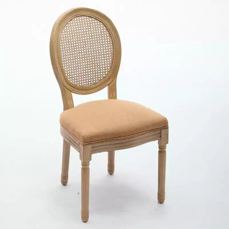 CLIHOME Sedia da pranzo con struttura in legno massello in stile francese, dipinto antico, tessuto in lino e schienale in rattan