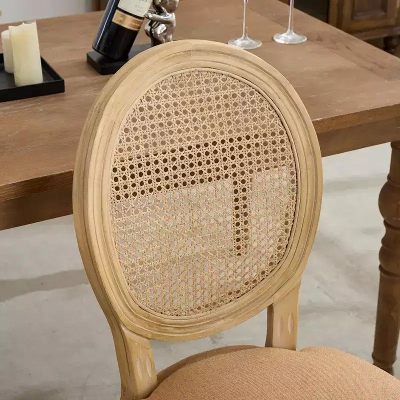 CLIHOME Sedia da pranzo con struttura in legno massello in stile francese, dipinto antico, tessuto in lino e schienale in rattan