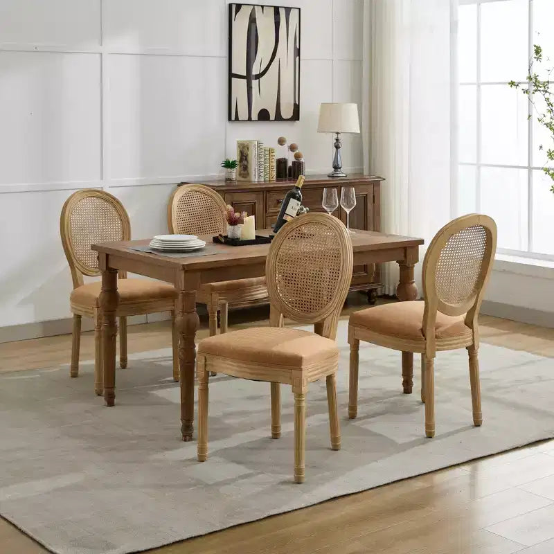 CLIHOME Sedia da pranzo con struttura in legno massello in stile francese, dipinto antico, tessuto in lino e schienale in rattan
