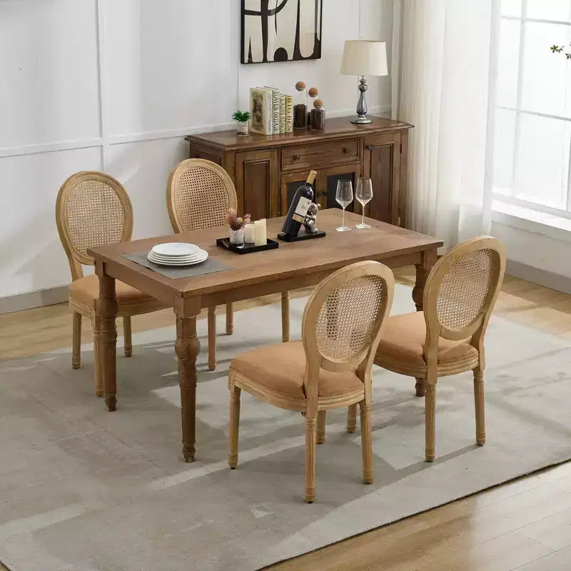 CLIHOME Sedia da pranzo con struttura in legno massello in stile francese, dipinto antico, tessuto in lino e schienale in rattan
