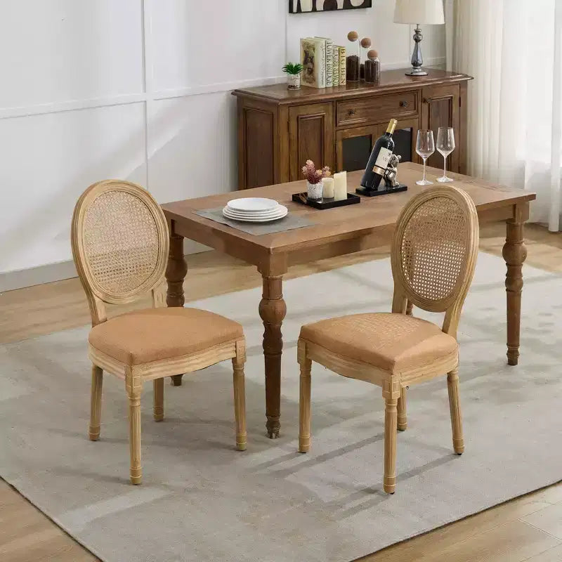 CLIHOME Sedia da pranzo con struttura in legno massello in stile francese, dipinto antico, tessuto in lino e schienale in rattan