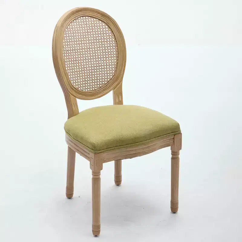 CLIHOME Sedia da pranzo con struttura in legno massello in stile francese, dipinto antico, tessuto in lino e schienale in rattan