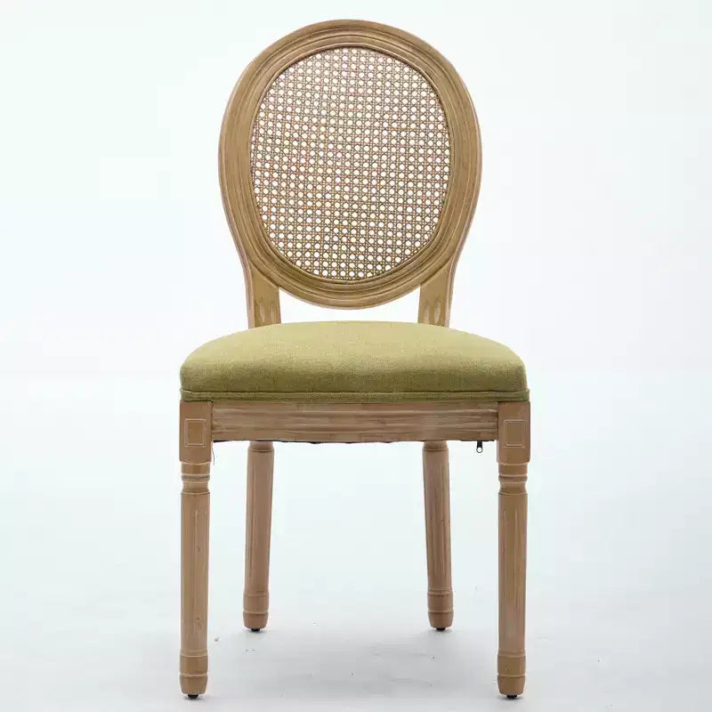 CLIHOME Sedia da pranzo con struttura in legno massello in stile francese, dipinto antico, tessuto in lino e schienale in rattan