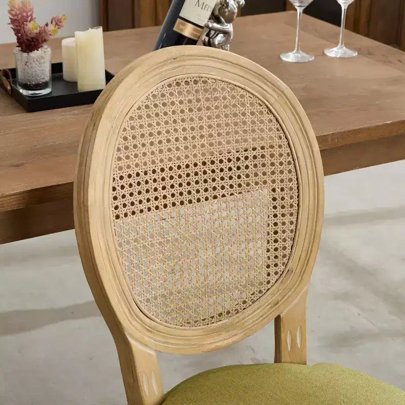 CLIHOME Sedia da pranzo con struttura in legno massello in stile francese, dipinto antico, tessuto in lino e schienale in rattan