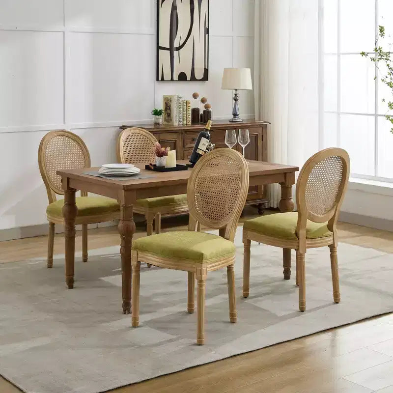 CLIHOME Sedia da pranzo con struttura in legno massello in stile francese, dipinto antico, tessuto in lino e schienale in rattan