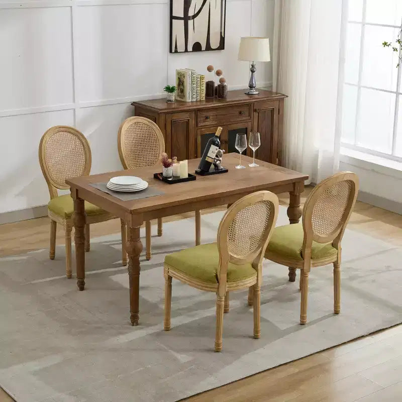 CLIHOME Sedia da pranzo con struttura in legno massello in stile francese, dipinto antico, tessuto in lino e schienale in rattan