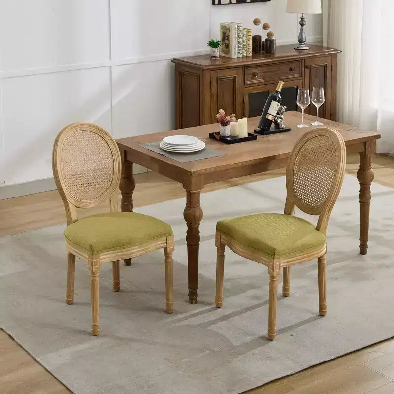 CLIHOME Sedia da pranzo con struttura in legno massello in stile francese, dipinto antico, tessuto in lino e schienale in rattan