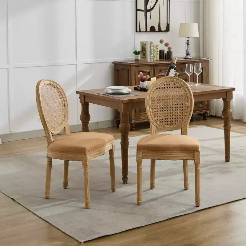 CLIHOME Sedia da pranzo con struttura in legno massello in stile francese, dipinto antico, tessuto in lino e schienale in rattan