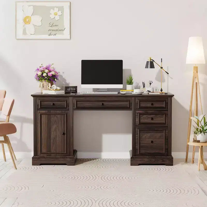 Scrivania direzionale da 152 cm con cassetti e armadietto, scrivania rustica da ufficio in legno con venature a rilievo, marrone