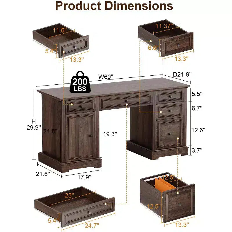Scrivania direzionale da 152 cm con cassetti e armadietto, scrivania rustica da ufficio in legno con venature a rilievo, marrone