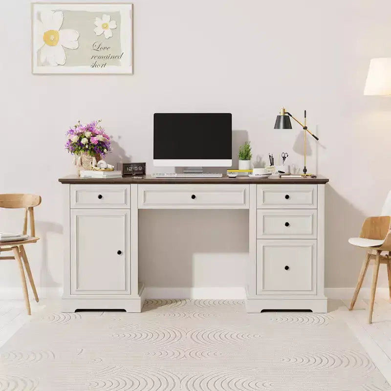 Scrivania direzionale da 152 cm con cassetti e armadietto, scrivania rustica da ufficio in legno con venature a rilievo, marrone