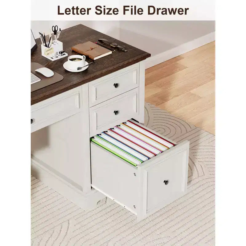 Scrivania direzionale da 152 cm con cassetti e armadietto, scrivania rustica da ufficio in legno con venature a rilievo, marrone