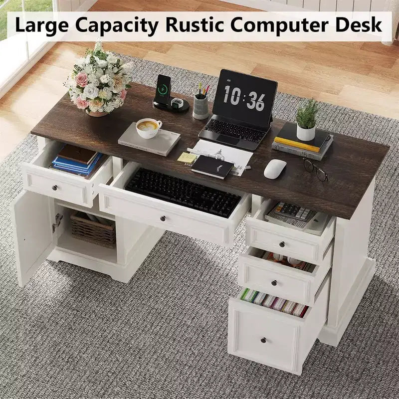 Scrivania direzionale da 152 cm con cassetti e armadietto, scrivania rustica da ufficio in legno con venature a rilievo, marrone