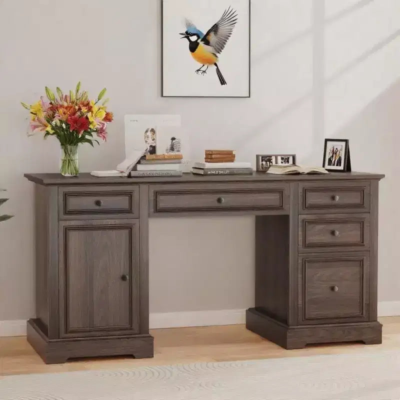 Scrivania direzionale da 152 cm con cassetti e armadietto, scrivania rustica da ufficio in legno con venature a rilievo, marrone