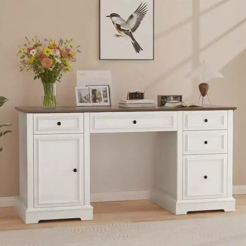 Scrivania direzionale da 152 cm con cassetti e armadietto, scrivania rustica da ufficio in legno con venature a rilievo, marrone