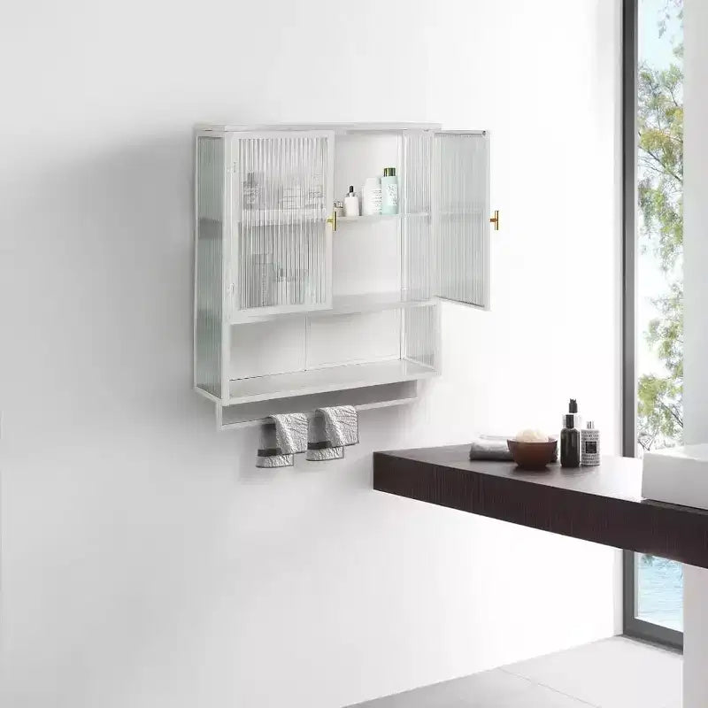 Mobiletto da Bagno a Parete con Ripiani Rimovibili, Unità Salvaspazio Sopra il WC, Armadietto dei Medicinali con Anta in Vetro Temperato