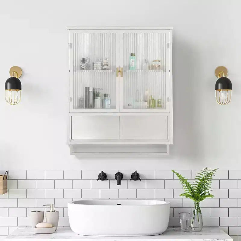 Mobiletto da Bagno a Parete con Ripiani Rimovibili, Unità Salvaspazio Sopra il WC, Armadietto dei Medicinali con Anta in Vetro Temperato