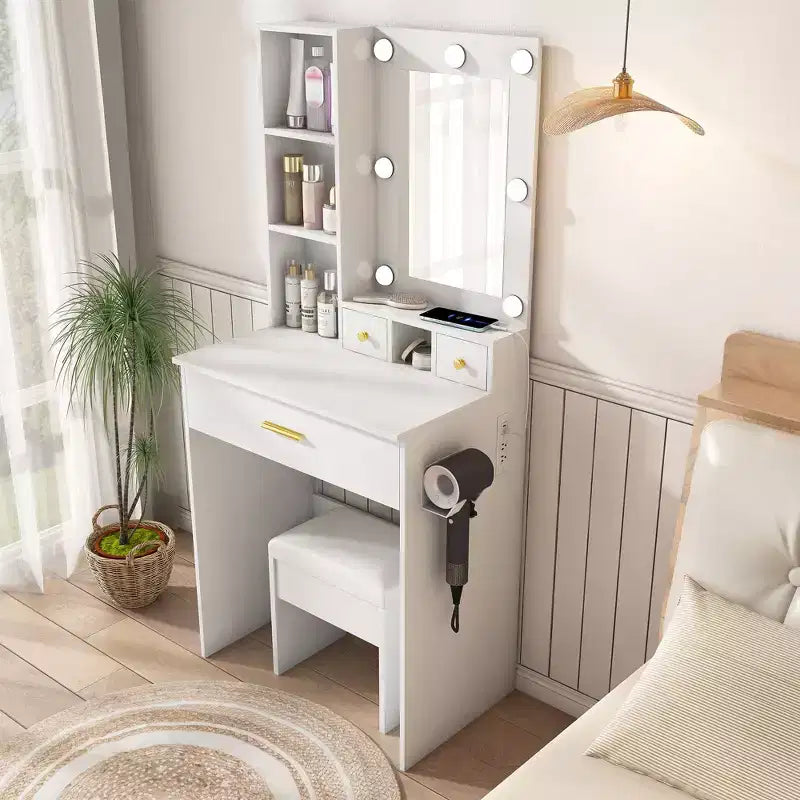Tocador Moderno Okak con Specchio e Luci LED Regolabili, Scrivania Trucco con Prese Elettriche e Sgabello, Tavolo Trucco per Piccole Camere da Letto