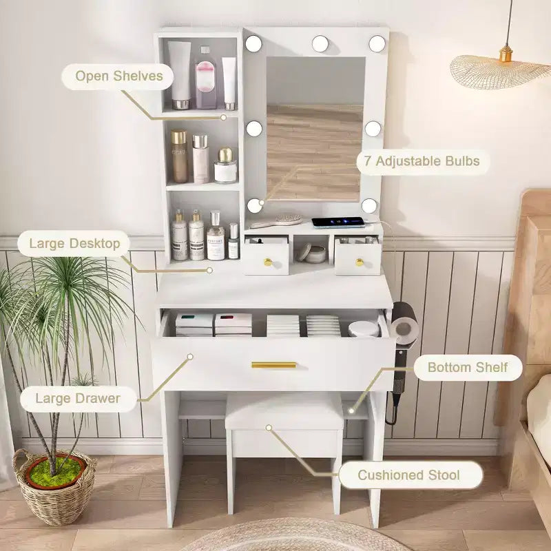 Tocador Moderno Okak con Specchio e Luci LED Regolabili, Scrivania Trucco con Prese Elettriche e Sgabello, Tavolo Trucco per Piccole Camere da Letto