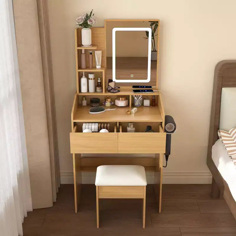 Tocador Moderno Okak con Specchio e Luci LED Regolabili, Scrivania Trucco con Prese Elettriche e Sgabello, Tavolo Trucco per Piccole Camere da Letto