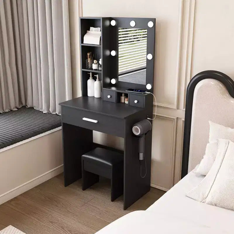 Tocador Moderno Okak con Specchio e Luci LED Regolabili, Scrivania Trucco con Prese Elettriche e Sgabello, Tavolo Trucco per Piccole Camere da Letto