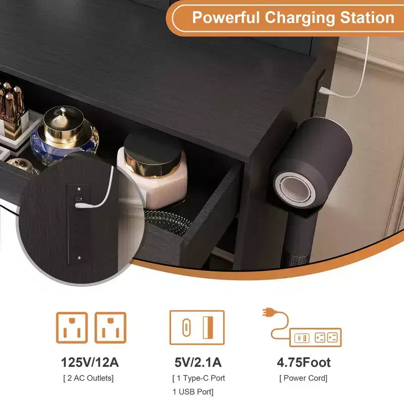 Tocador Moderno Okak con Specchio e Luci LED Regolabili, Scrivania Trucco con Prese Elettriche e Sgabello, Tavolo Trucco per Piccole Camere da Letto
