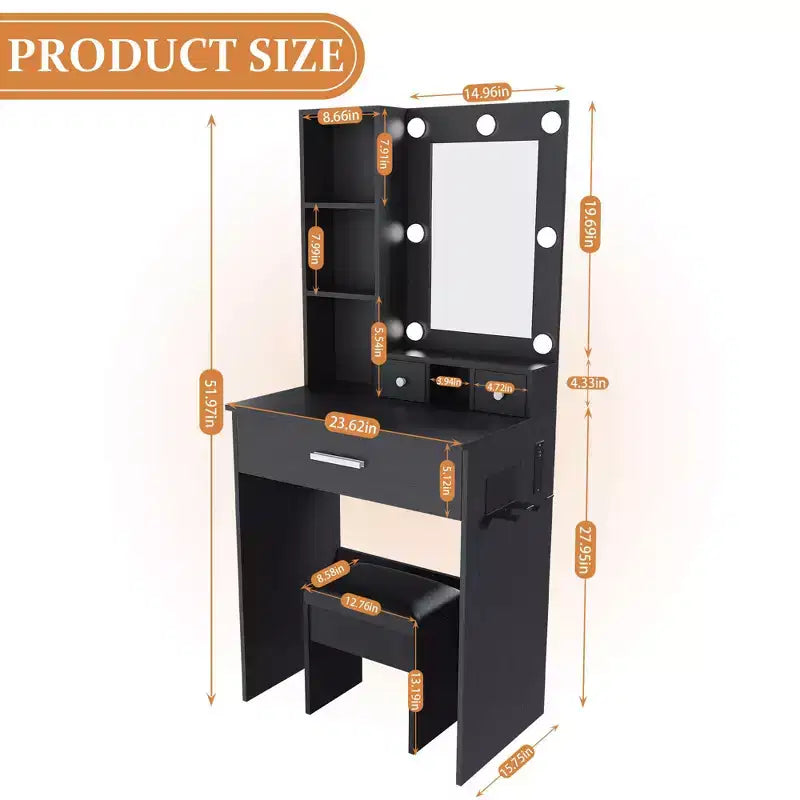 Tocador Moderno Okak con Specchio e Luci LED Regolabili, Scrivania Trucco con Prese Elettriche e Sgabello, Tavolo Trucco per Piccole Camere da Letto