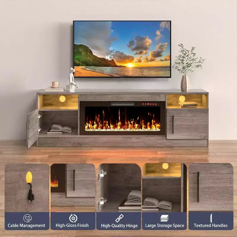 Mobile TV Moderno per Televisori Fino a 75'', Centro Intrattenimento in Legno da 70 con Spazio di Archiviazione, Compatibile con Camino Elettrico da 36 (Camino Non Incluso)