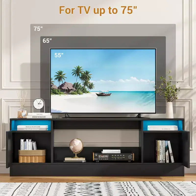 Mobile TV Moderno per Televisori Fino a 75'', Centro Intrattenimento in Legno da 70 con Spazio di Archiviazione, Compatibile con Camino Elettrico da 36 (Camino Non Incluso)