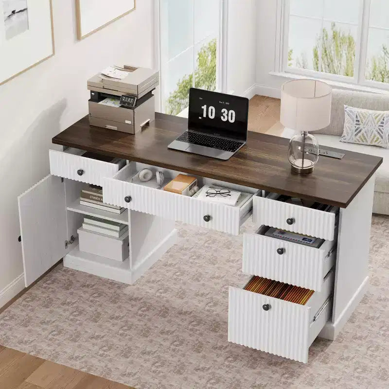 Organizzazione Scrivania Ufficio, Scrivania Direzionale Moderna da 150 cm con Stazione di Ricarica, Scrivania in Legno per Computer con Cassetti Portadocumenti per Studio