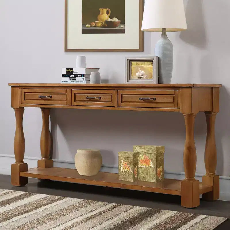 Okak 61IN Tavolo Consolle Vintage in Pino Lungo, Tavolo da Ingresso con 3 Cassetti e 1 Ripiano Inferiore, Tavolo d'Appoggio per Ingresso, Soggiorno