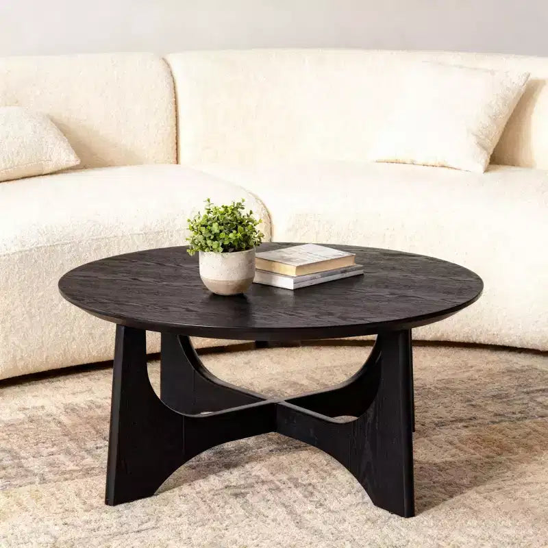 Tavolino da caffè rotondo con base scultorea per soggiorno o salotto, nero