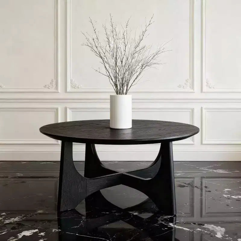 Tavolino da caffè rotondo con base scultorea per soggiorno o salotto, nero