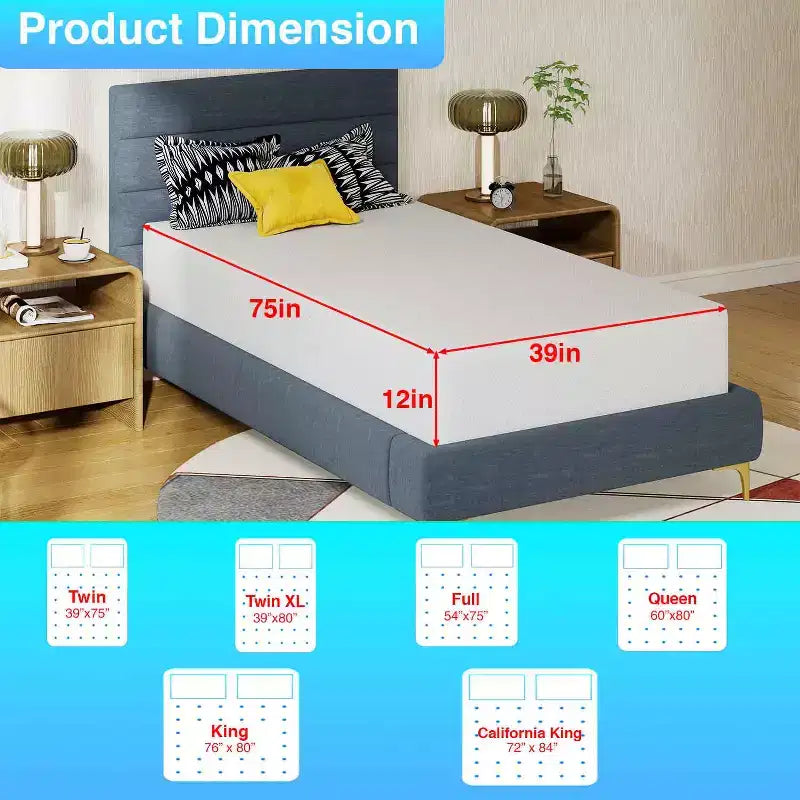 Materasso 12 pollici in Memory Foam con carbone di bambù, durezza media, certificato CertiPUR-US